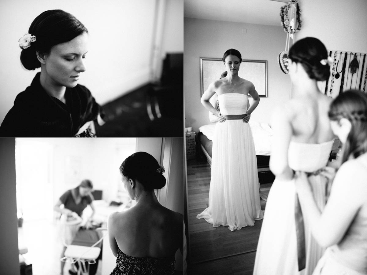 Getting ready der Braut im fließenden Seidenkleid vor der Berghochzeit