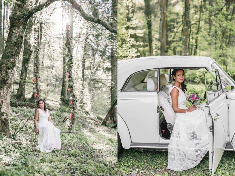 Hippie Braut auf Schaukel und im Hochzeitsauto (VW Käfer)