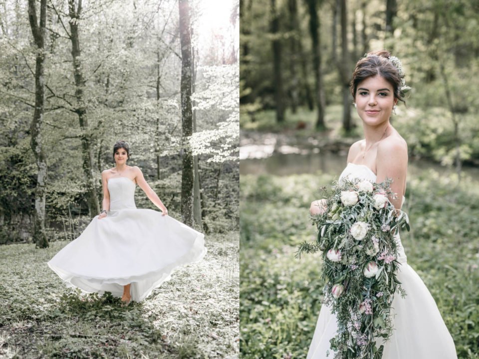 Boho Braut im A-Linien Brautkleid mit weitem Rock und Blumen