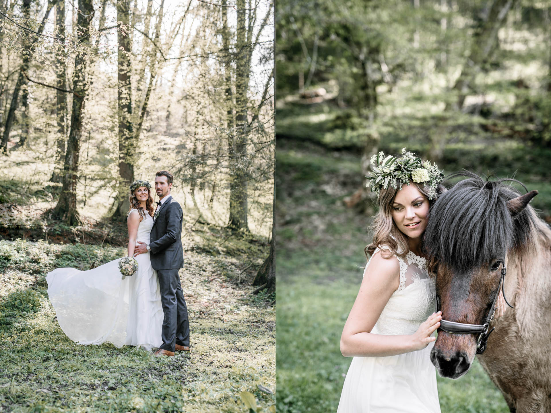 Brautpaar im Wald und Braut mit Pferd rechts