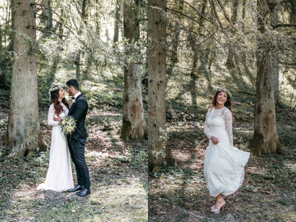 Brautpaar im Wald und tanzende Braut rechts