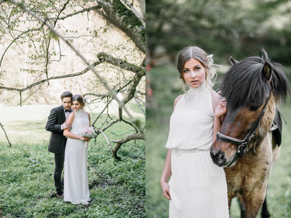 Brautpaar und Braut mit Pferd rechts
