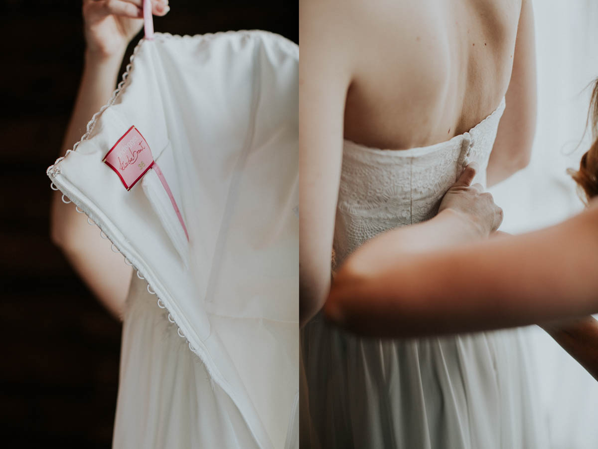 Brautkleidlabel und Braut beim Anziehen