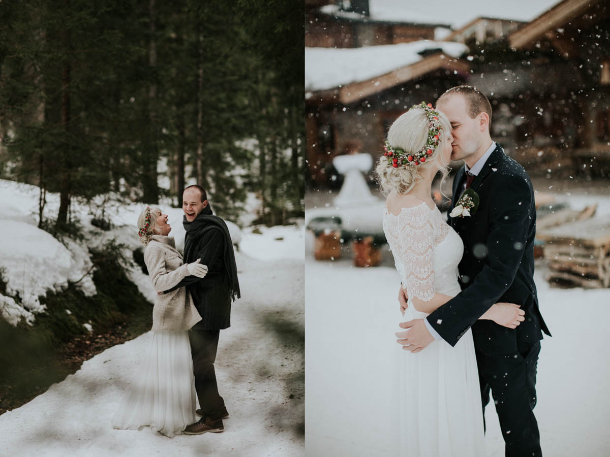 Brautpaar küsst sich während es schneit