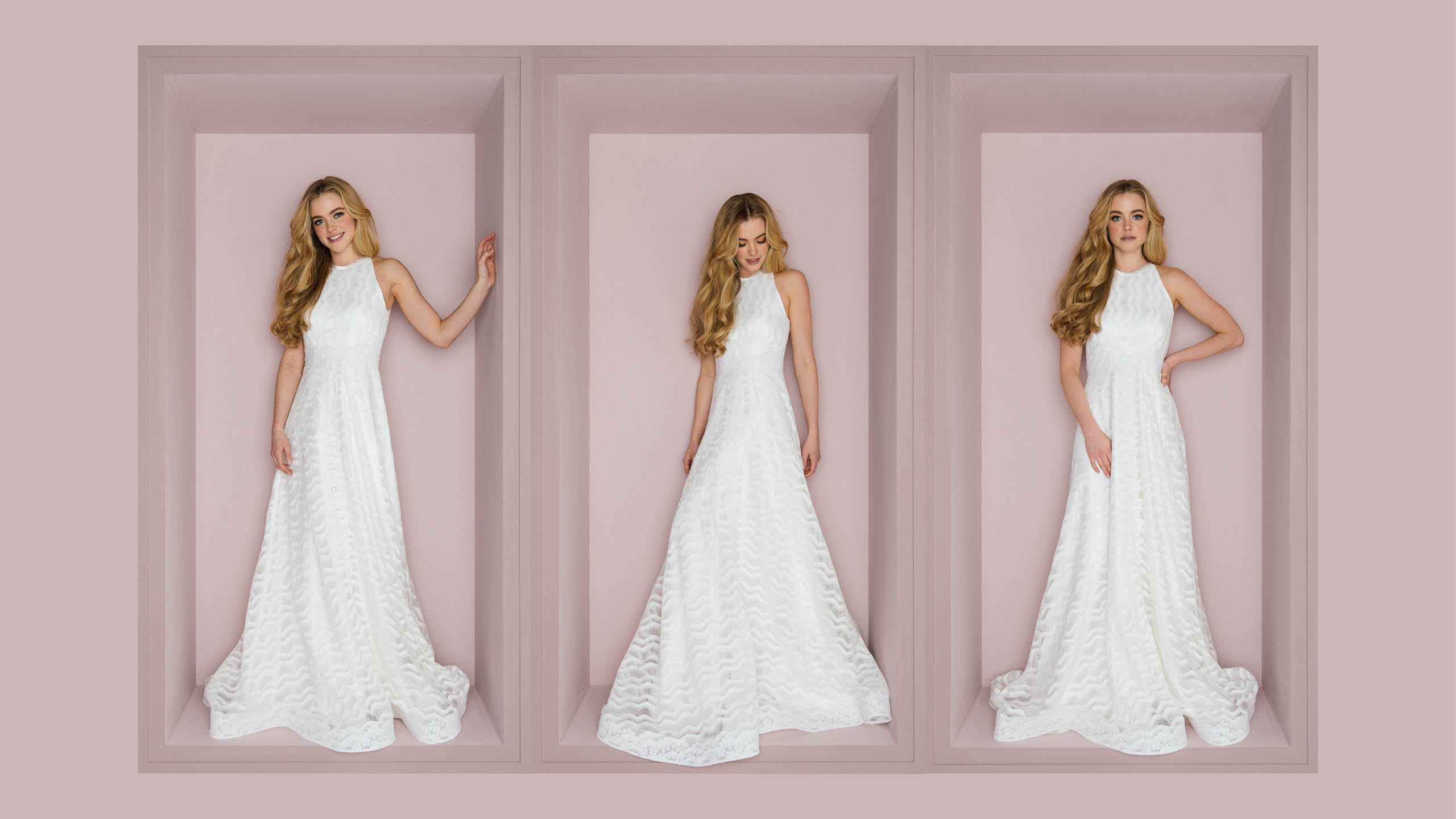 70er Jahre Brautkleid Tilly mit amerikanischer Schulter aus drei Perspektiven