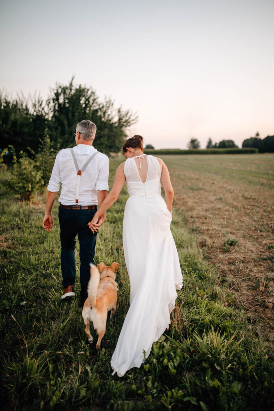 Brautpaar spaziert Hand in Hand mit Hund in der Mitte auf der Wiese